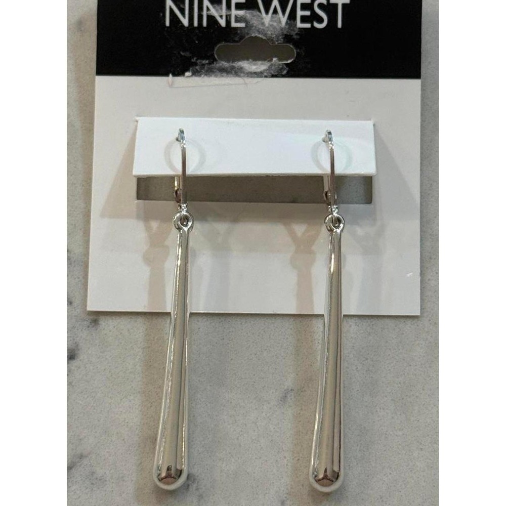 NWT Nine West Silver Tone Long Bar Drop Earrings Rhinestone Accent‎